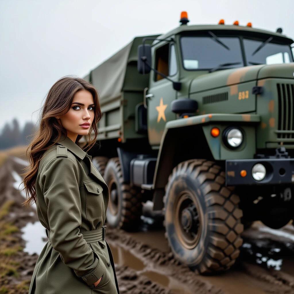 Masterpiece of a woman standing near a massive Soviet military truck on muddy ground. The truck is an old 6x6 model. The photograph captures the realistic details of the truck and the woman in military-style clothing.