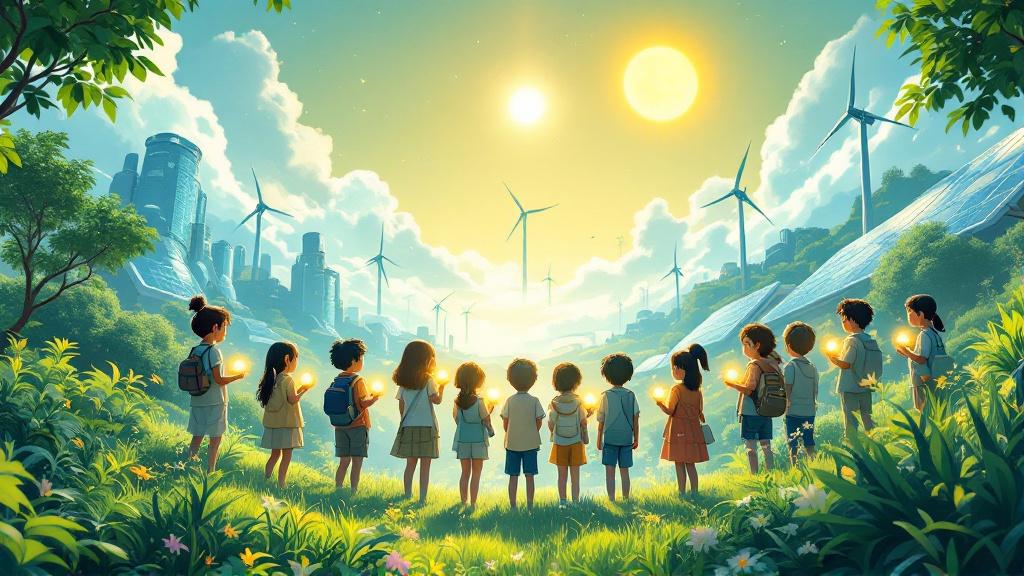 Scene inspired by solarpunk in a Ghibli art style. Group of diverse children are together holding glowing globes. The globes give off warm light. Lush greenery is around them, with eco-buildings in the background. Bright sky features floating wind turbines and solar panels. Textures are soft and painterly with rich details. Colors are warm in greens, blues, and golden sunlight. The atmosphere conveys joy and optimism.