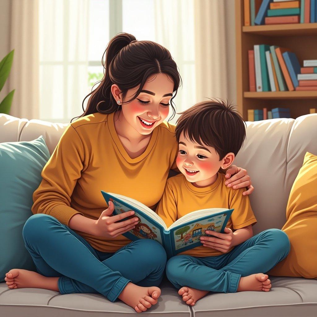 Illustration of mother with son reading a book together at home. Cozy setting with a bright atmosphere. Mother and son smiling and engaged in the reading activity.