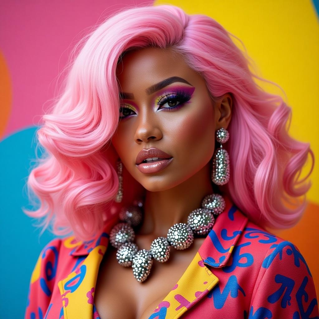 A stunning portrait of a model with vibrant pink hair styled in loose waves. She is wearing bold makeup, featuring bright colors and intricately designed eye makeup. The background is a vibrant combination of colors, complementing her outfit, which is adorned with colorful patterns. Her accessories include a large, sparkling necklace, adding an element of glamour to the look. The lighting is bright and cheerful, creating a lively atmosphere that draws attention to her features.