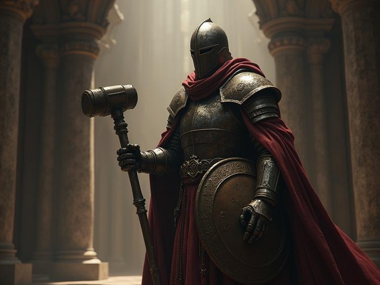 A hyper-realistic armored cleric stands in a temple. The cleric holds a hammer in one hand and a shield in the other. The scene is illuminated with dramatic chiaroscuro lighting, portraying intricate armor details. The atmosphere is majestic and solemn.