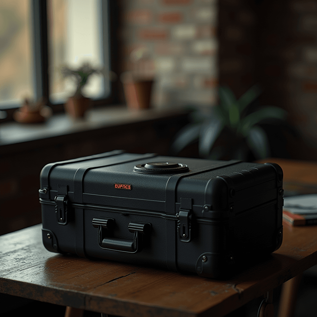 A black, sturdy case sits on a wooden table with a red label marked "CUFABC5."