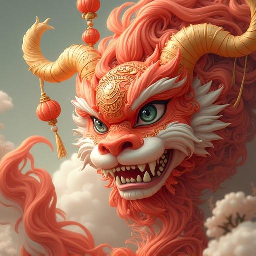 A fierce mythical lion with intricate details. The lion has a vibrant red mane and ornate golden decorations. It features striking green eyes and a fierce expression. The background consists of soft clouds, adding a dreamlike quality. The image embodies elements of Chinese culture and mythology.