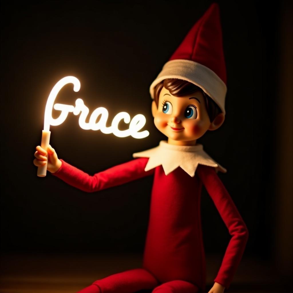 This image features an elf on the shelf character, dressed in traditional red and white attire. The elf is holding a glow stick that forms the name 'Grace' in bright, soft light. The background is dark, which enhances the glowing effect of the text. It creates a warm, festive atmosphere, embodying the joy of the holiday season. The scene evokes feelings of magic and cheer associated with Christmas celebrations.