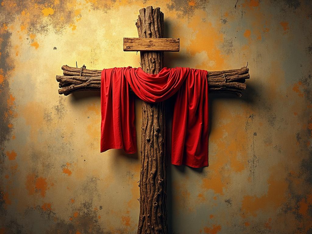 Cruz de Borgoña con troncos y tela roja en fondo texturizado.