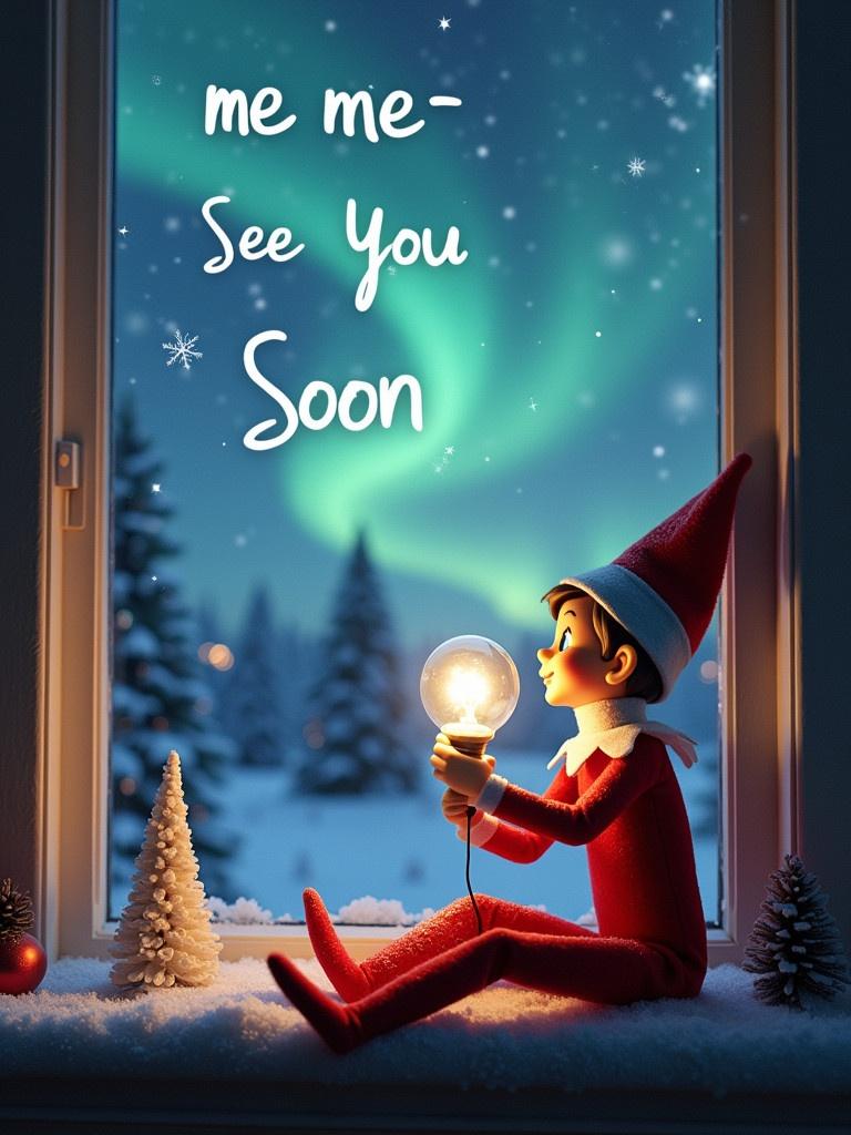 Cheerful elf on a shelf sits by a window. The elf is gazing at northern lights. Elf holds a bright light bulb and shows excitement. The window has snow and holiday decorations. Snow-covered trees are in the view. Overall, it captures Christmas spirit and anticipation.