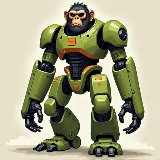 Robot ape designed with a full body. Color scheme includes green and orange.