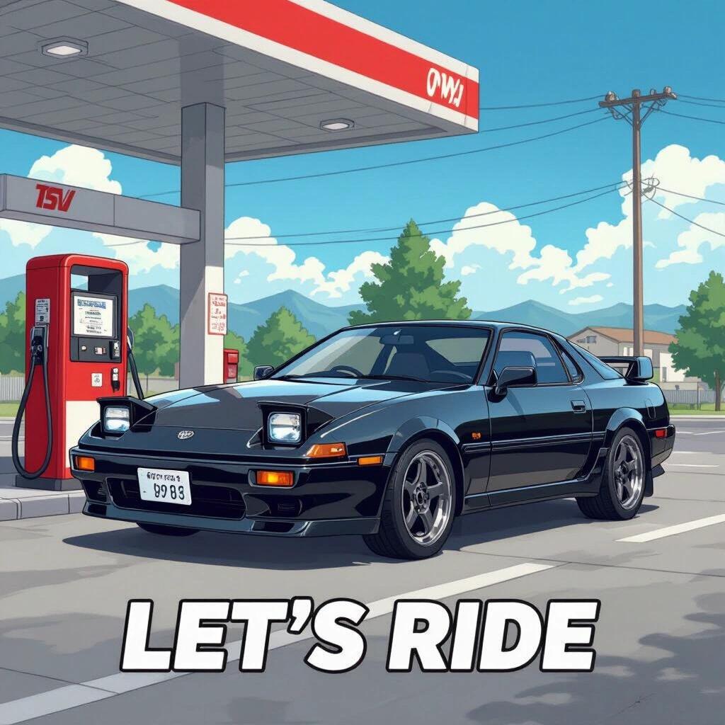 Illustration features a black 1980s Toyota MK3 Supra parked at a gas station. The scene is bright with a clear blue sky. The text prominently says LET'S RIDE. The design reflects anime aesthetic with vibrant colors and cartoon-like elements.