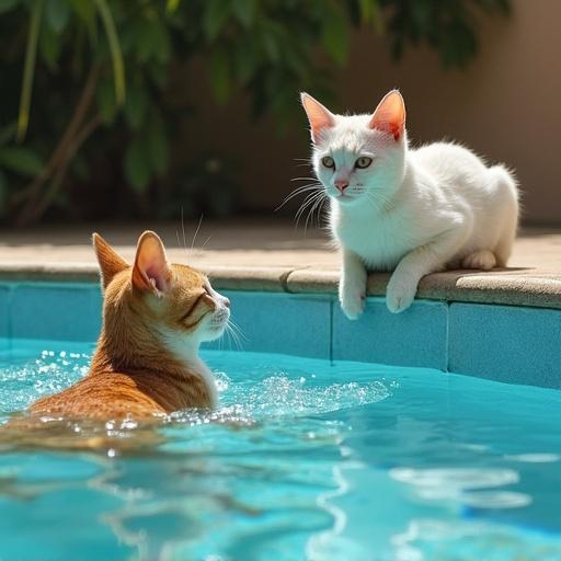 Two cats by a swimming pool. One cat is in the water. The other cat is sitting on the pool edge.