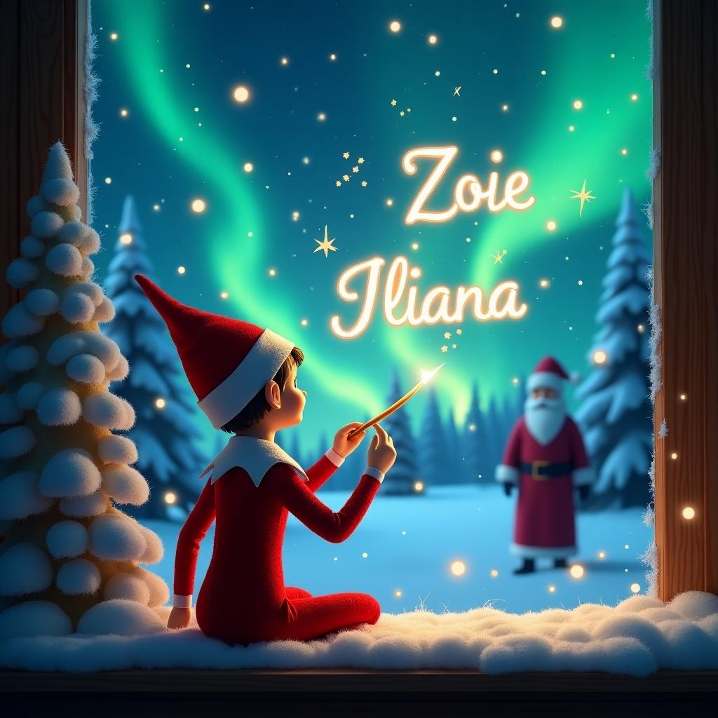 Elf on the shelf with back to viewer writes names 'Zoie' and 'Iliana' in stars. Magical winter night sky with northern lights. Snow-covered trees surround the elf. Silhouette of Santa in the distance.