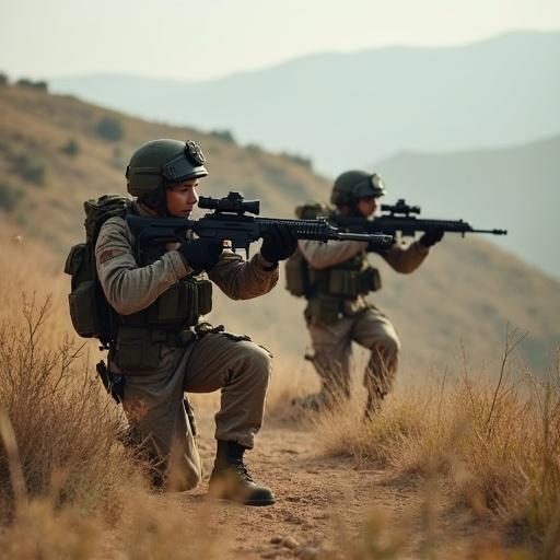Two young army men engage in combat with advanced weapons on hilly terrain. Soldiers focused and alert in a natural environment.