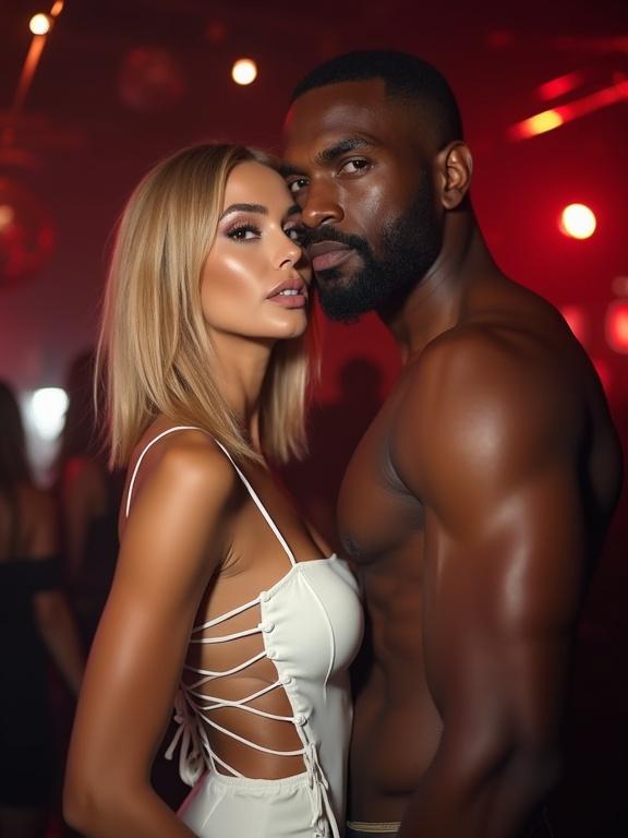 A blonde woman in a daring white strappy dress stands close to a man in a nightclub setting. The woman has shoulder-length hair. The atmosphere is lively with dim red lighting.