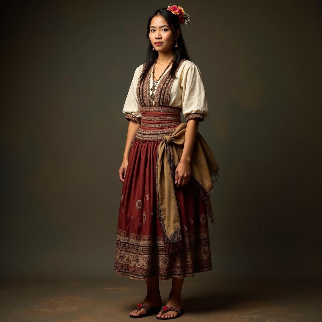 Full body portrait of a Filipino woman in traditional attire from the colonial period. She wears a traditional dress featuring a bodice with intricate details and a skirt adorned with patterns. Accessories include simple sandals and a floral headpiece. The background is dark, making her attire stand out.