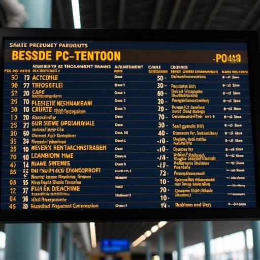 Picture of a train departure board at Prague's main train station. The board displays train schedule and destination information in multiple languages. It includes details on departure times, destinations, and statuses of various trains.