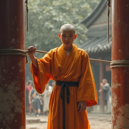 A young Shaolin monk tied to a pillar in an ancient Chinese setting featuring traditional architecture and natural elements