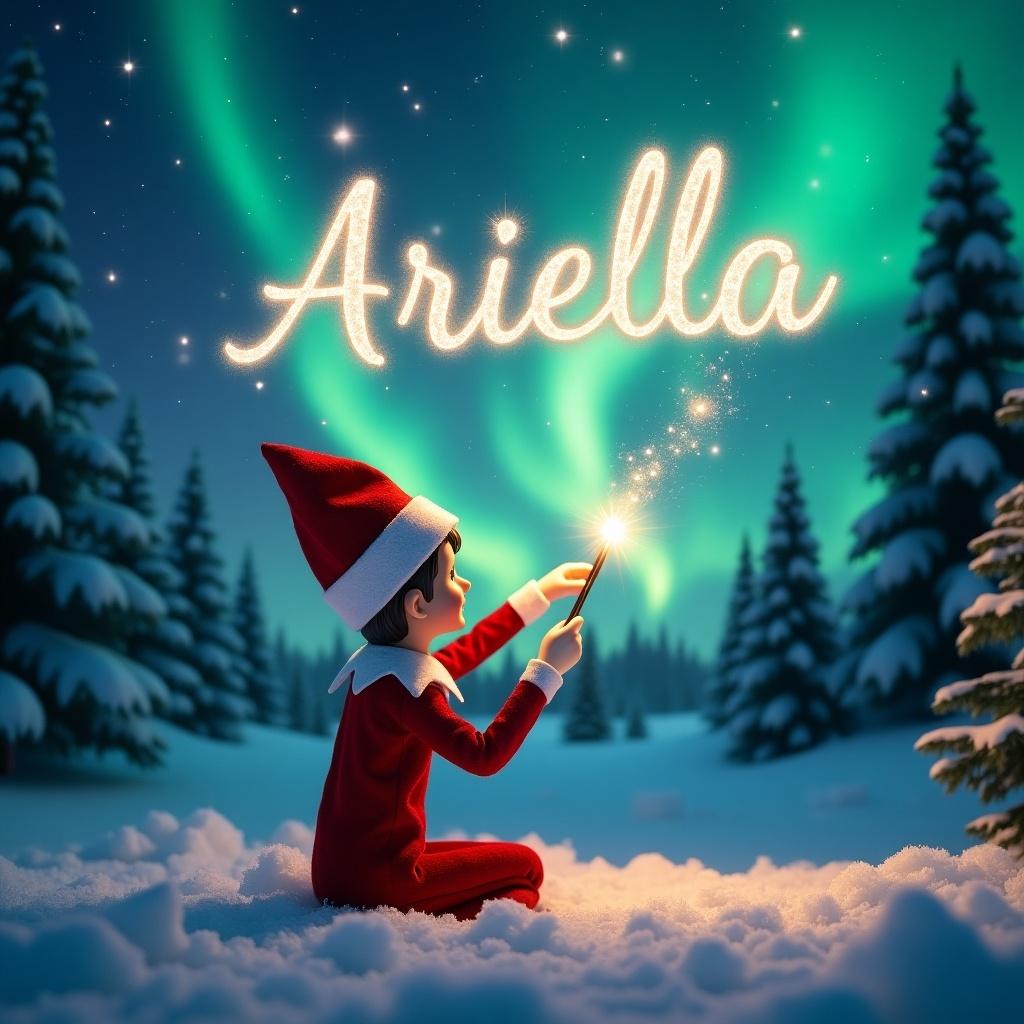 Elf on shelf sitting in winter wonderland. Facing northern lights. Using wand to write names in sky. Name Ariella shines above. Snow covering ground. Evergreen trees in background. Whimsical and festive atmosphere. Magic of Christmas.