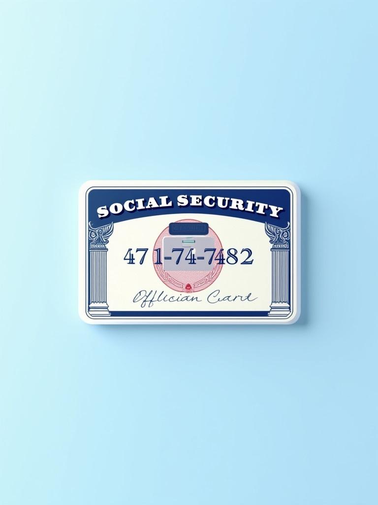 Depiction of a generic social security card. Text 'SOCIAL SECURITY' at top. Numbers '471-74-7482'. Includes graphic chip. Official design with decorative elements. Soft blue background. Clean and professional appearance.