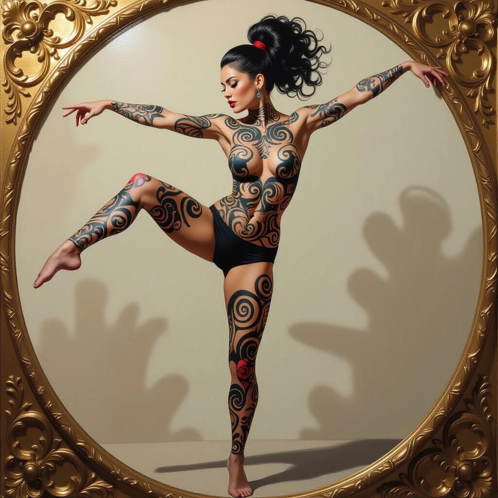 A woman with bright black swirling body tattoos poses in a high kick. The art resembles a Baroque oil painting. The frame is ornate and golden.