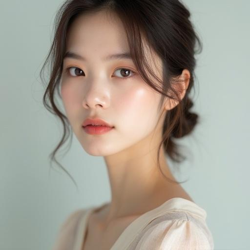 8K portrait of a young woman with a blend of Western and Japanese features. Elegant symmetrical face with defined cheekbones and gently pointed chin. Soft almond-shaped eyes. Small delicate nose. Porcelain fair skin with warm undertones. Natural light brown hair loosely tied. Soft expression with a hint of shyness. Modest dress with low neckline. Upper body against a clean background.