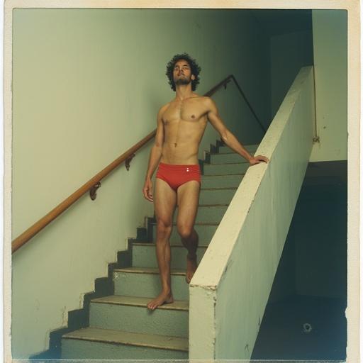 Photo of a man wearing red swimwear standing on stairs in a building.
