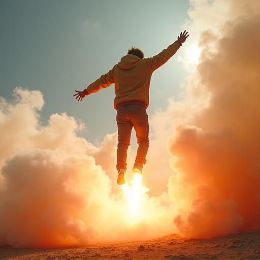 Person in energetic motion with dazzling white smoke and orange rings launching from shoes quickly rising into the air. Surrounding environment captured clearly. Vibrant colors with a movie-level visual effect.