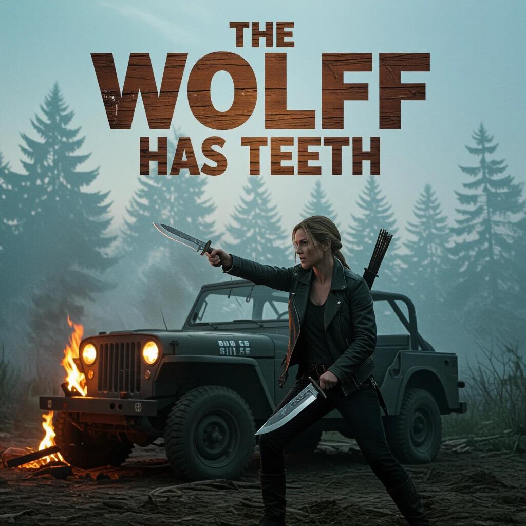 Title displays rugged woodcut text. Foggy forest sets the scene. Emily Blunt armed with a combat knife stands near a burning jeep. Vivid foglight and flickering flames create dramatic ambiance.