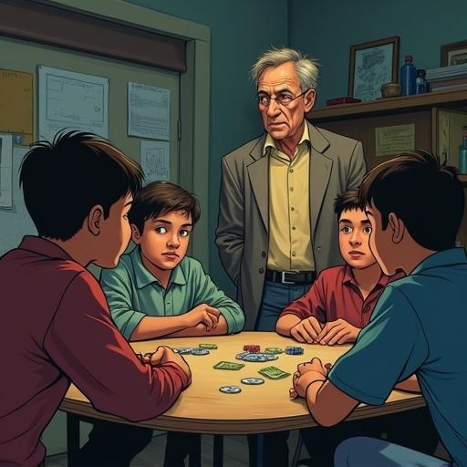 A semi-realistic digital art illustration for a storybook. A tired man in his early 40s stands with Mr. Patel beside him, an older kind-faced man. They are observing a group of students around a poker table in a dimly lit school storage room. The mood conveys tension and mischief while addressing juvenile delinquency.