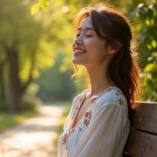 Close-up portrait of a young woman sitting relaxed on a wooden bench in a sunlit park during golden hour. Simple white linen dress with floral embroidery. Hair slightly messy from a gentle breeze. Eyes closed with a peaceful smile. Blurred green foliage background with dappled sunlight. Photorealistic style, ultra-detailed skin texture, soft lighting, shallow depth of field.