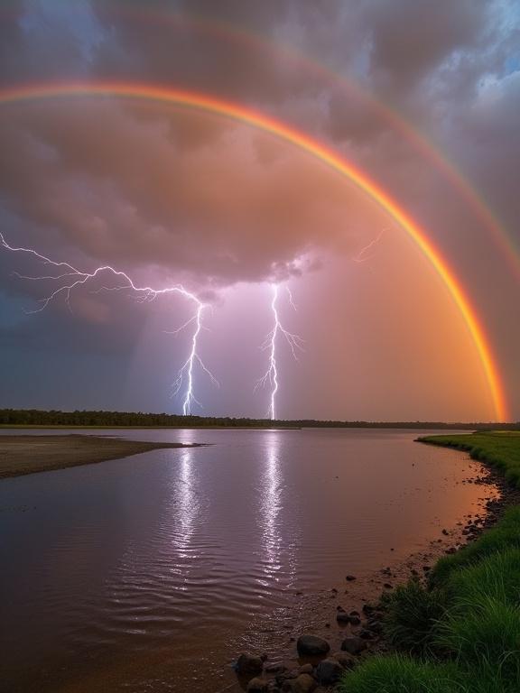 Dramatic natural scene featuring double rainbow and lightning over water. Primary focus is vibrant double rainbow with classic spectrum. Secondary rainbow is fainter with reversed colors. Multiple bright lightning bolts strike down from stormy clouds. Clouds mix dark gray and orange hues indicating sun's direction. Body of water reflects rainbows and lightning, creating a mirror effect. Shoreline lined with green grass and small rocks.