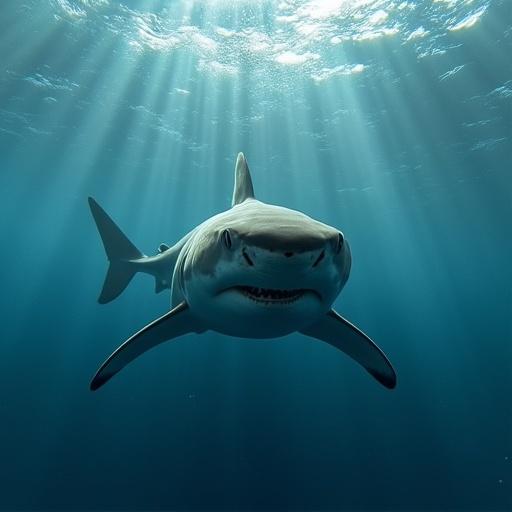 A shark viewed straight on, moving towards the camera underwater. Light rays penetrate the water above, illuminating the scene.