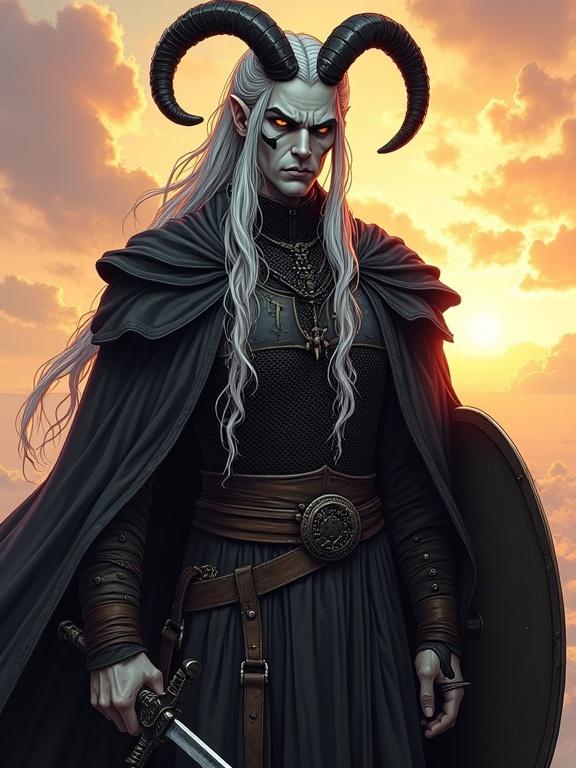 Comic book style digital illustration of a male tiefling character. He has ash-gray skin, amber eyes, and long silver hair in a ponytail. Curved black horns on his head. He has scars on his cheekbones. Dressed in chainmail and wearing a black longsword. Holding a shield. The lighting gives a warm feel, like sunrise or sunset. Non-photorealistic style with artistic shading.