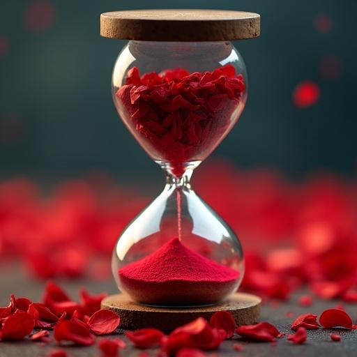 An hourglass filled with red petals on a textured surface. The soft petals rest within the hourglass, contrasting against a blurred dark background. The design is elegant and detailed, creating a striking visual effect.