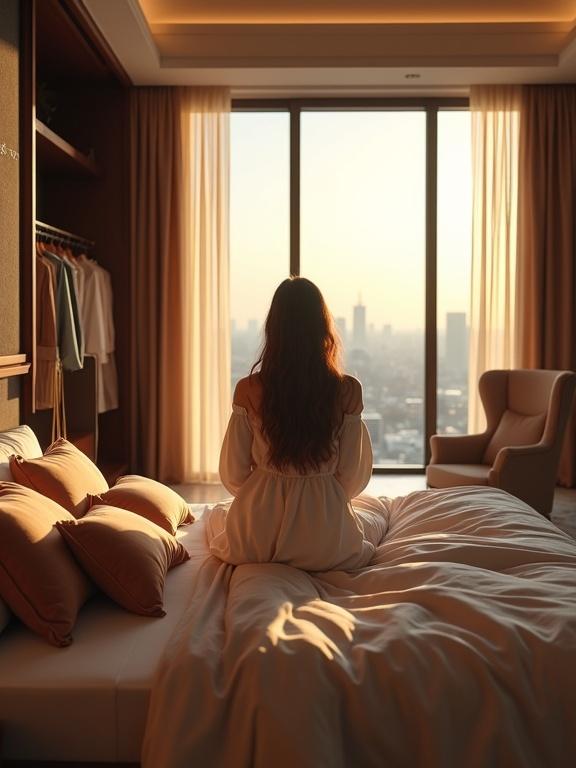 A luxurious bedroom setting with a young woman waking up. Scene features a king-size bed with silk sheets and plush cushions. A walk-in closet filled with designer clothes is visible. A panoramic cityscape view can be seen through large windows. The warm, golden-hour light streams through sheer curtains creating a tranquil atmosphere.