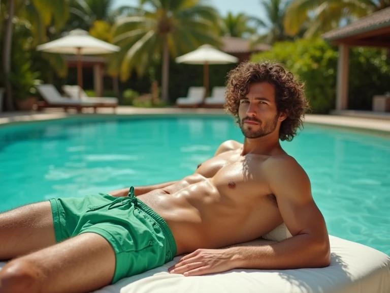 Man lays on a float next to a swimming pool surrounded by palm trees. He wears green swim trunks and has curly hair. The scene captures a tropical atmosphere and sunny weather.