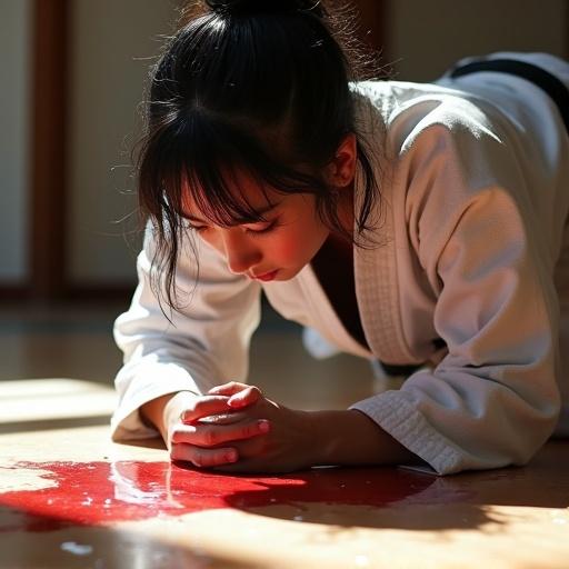 Kneeling female karate fighter leans forward. Her elbows touch the floor. She looks at red bloody spots on the floor. Black hair clings to damp skin. Wearing a karate gi. Sunlight reflects on the dojo floor.