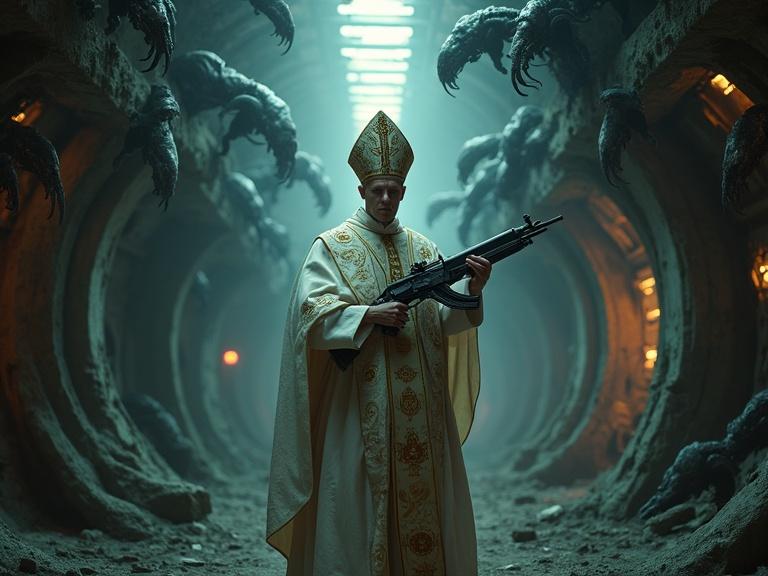 Futuristic Pope stands in dark ruined spaceship corridor. He holds a high-tech shotgun with sacred symbols. Terrifying xenomorphs crawl on walls and ceiling. Flickering emergency lights cast holy rays across metallic gloom. Pope's robes have tech enhancements. Ultra-realistic and cinematic atmosphere. Holy warrior faces interstellar damnation.