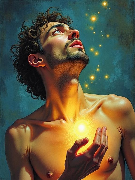 A young man with medium build opening his chest with his hands. Light emanates from inside his body. Facial expression shows deep suffering, as if screaming in pain. The artwork is in the style of Dalí with a surreal background. A sunny day, colorful drawing highlights his face. Surreal color illustration in Dalí style.