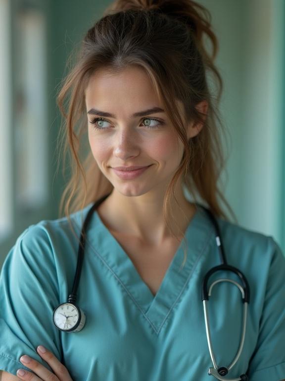 Young cute nurse in aqua blue scrubs with a stethoscope. She has a high ponytail and shows signs of tiredness. Background is a blurred hospital hallway.