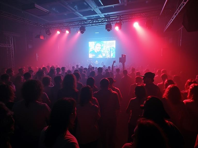 Interior of a nightclub filled with a crowd at a techno music party in Berlin. The year is 1992. Bright red lights illuminate the space. A DJ is performing with a projected image behind. Attendees are enjoying the music, creating a vibrant atmosphere.