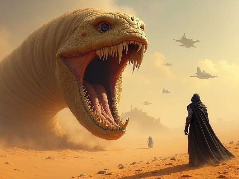 A digital painting features a large sandworm in a desert. The sandworm has a wide, frightening mouth with sharp teeth. A figure in dark armor stands nearby, looking at it. The background shows a golden sandy landscape with distant ruins and flying planes. The scene is illuminated by warm sunlight.
