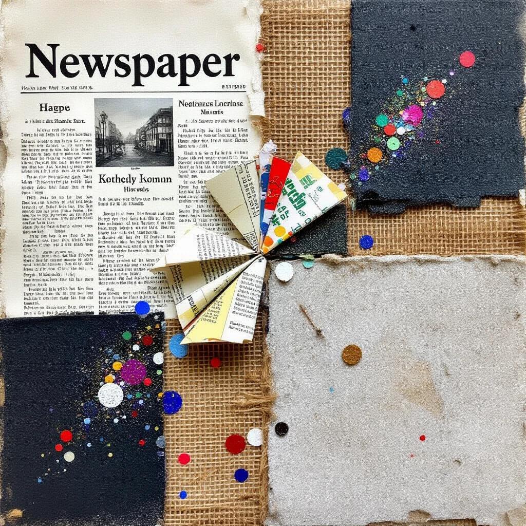 Mixed media artwork using newspaper and jute fibers. Includes textures from wood, sand, and glittering confetti. Features origami elements in a collage style. Incorporates scratches, drops, and tears for depth and surface feel. Luminous colors create a stunning visual. Artwork evokes beauty and magic.