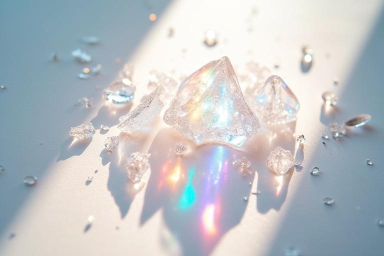 Dynamic scene with white light ray passing through scattered prism of broken tiny glass on white surface. Prism creates colorful spectrum. Surreal ambiance with light intensity variations. Overhead shot with subject lying flat.