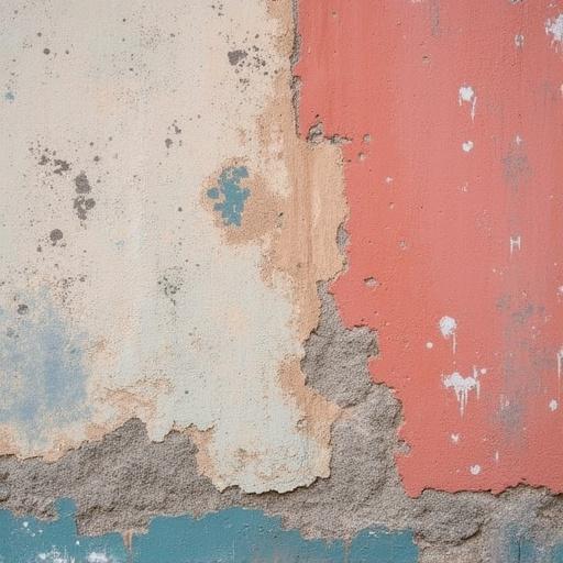Close up of a painted wall texture displaying faded and peeling layers of paint.