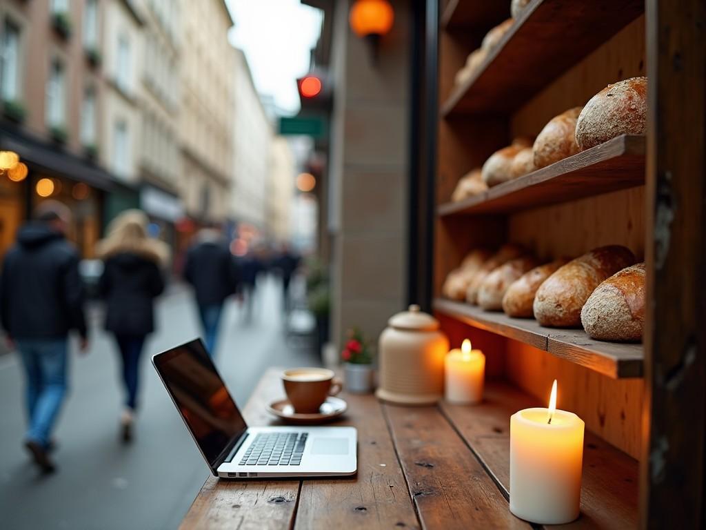 A cozy cafe scene with a laptop and coffee cup on a wooden table, surrounded by bread loaves and candles, with people walking on a city street in the background, capturing a warm and inviting urban atmosphere.