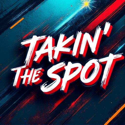 High-impact album cover designed with abstract artwork and bold typography for the title 'Takin’ the Spot'. Background has layered geometric shapes and dynamic motion lines. Color palette features electric blue deep red black and silver. Textures inspired by concrete metal and neon lights suggest urban underground energy. Typography is custom stylized and graffiti-inspired. Text partially interacts with background appearing to break through chaotic design. Clean yet visually striking with motion tension and bold attitude.