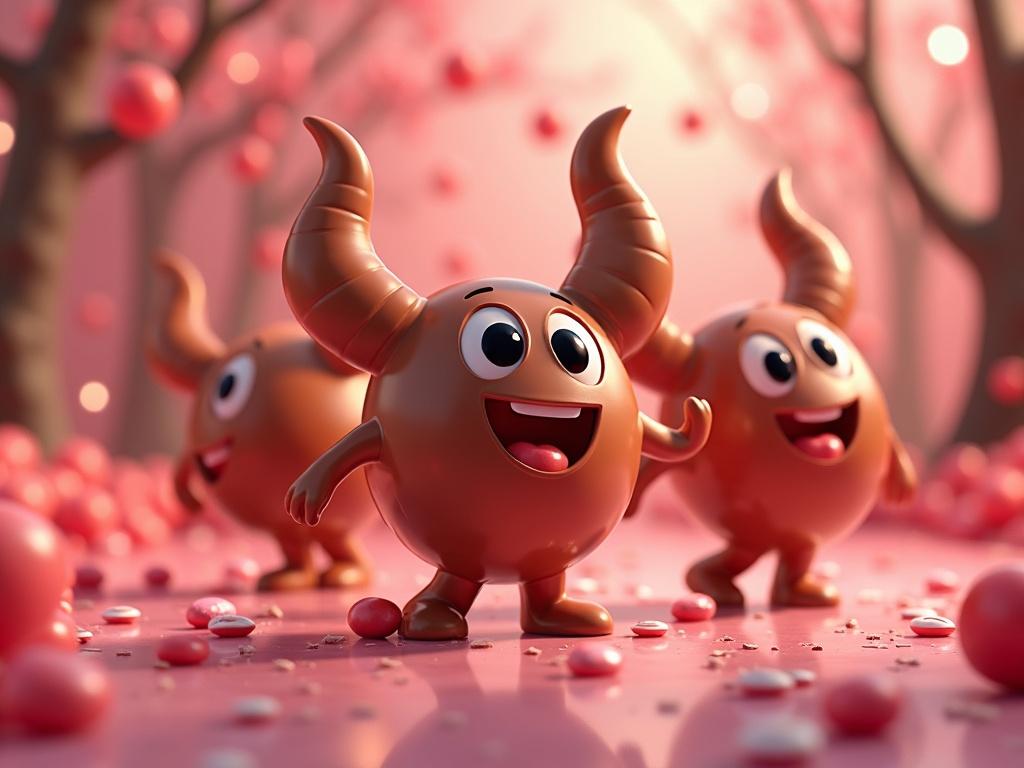 Vibrant playful digital illustration of whimsical candy characters. Features chocolate-colored round characters with horns smiling in a Candyland setting. Captivating colors and light create a cheerful atmosphere.