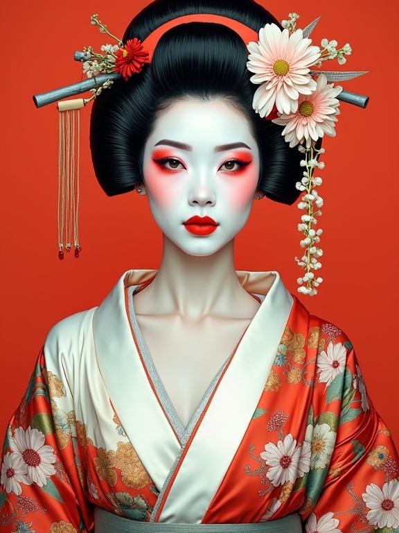 Portrait of a geisha with white face makeup bright eyes vibrant kimono modern studio setting