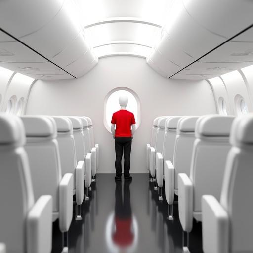 Digital 3D illustration in a minimalist design. Scene inside an occupied airplane cabin. Passengers are white mannequins seated in white seats. A man in a red t-shirt stands at the window, gazing outside. Soft natural light through the window highlights him. Flat monochrome surfaces and low-gloss reflective floor. Tilt-shift lens effects emphasize isolation.