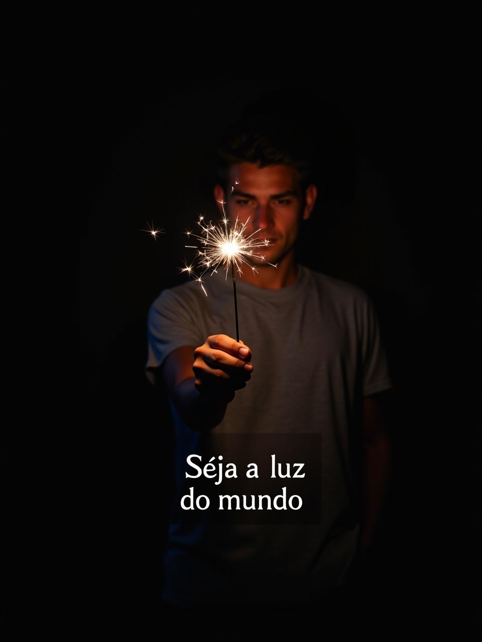 A person holding a lit sparkler in a dark environment, with a motivational message in Portuguese saying 'Séja a luz do mundo'.