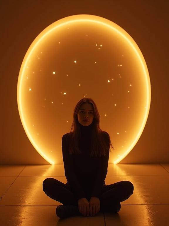 Cinematic realism with surreal undertones depicting a young woman sitting calmly in a twilight room that blends into a cosmic dimension. Soft golden sunset light forms a glowing circle around her. The walls fade into star fields, with subtle light particles floating in the air. She wears a black turtleneck, her long hair glows in the golden rim light. Serene and mystical scene created with ARRI Alexa, 35mm, warm color grading.